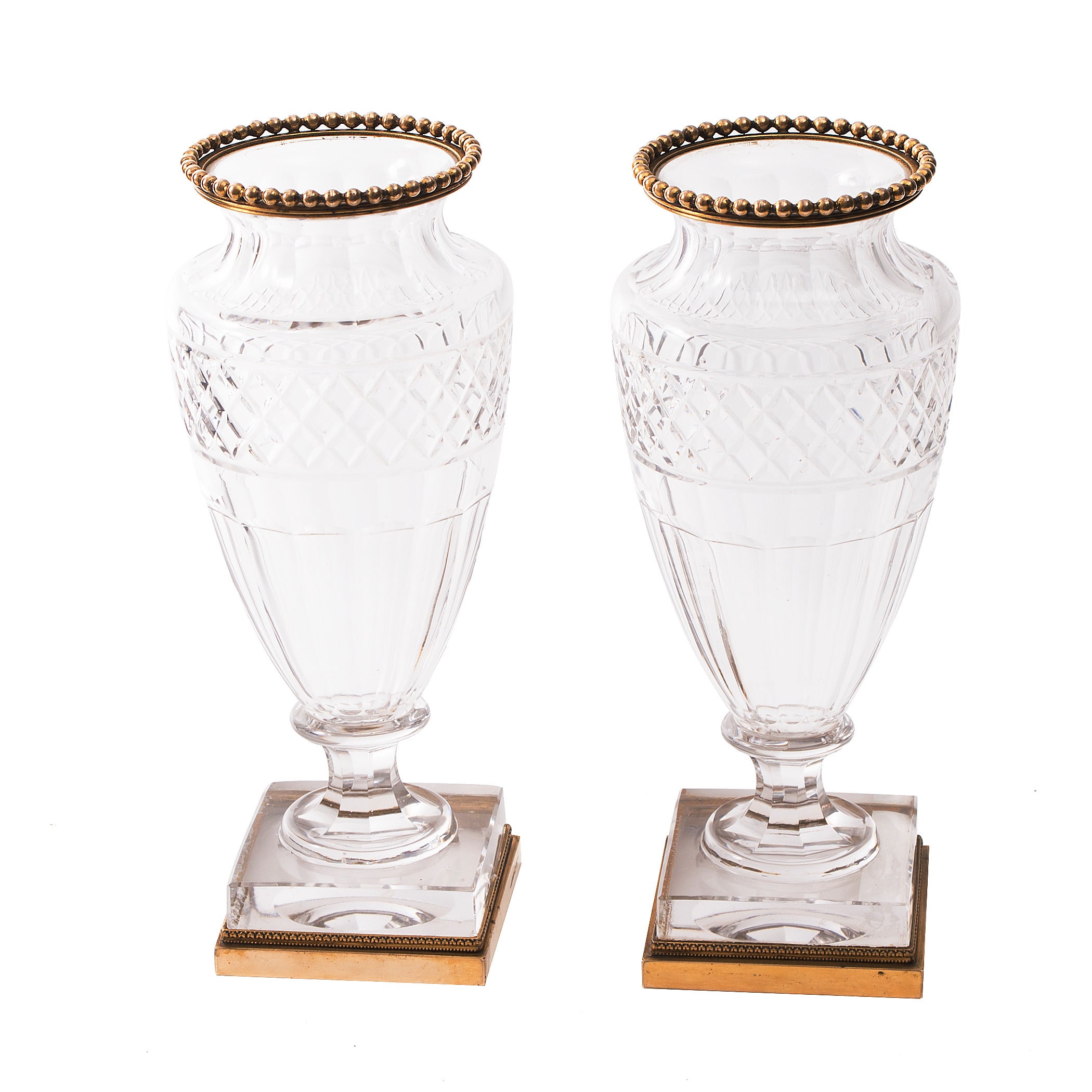 Pair French Neo-Classical Crystal Urns with Gilt Bronze Mounts c.1900