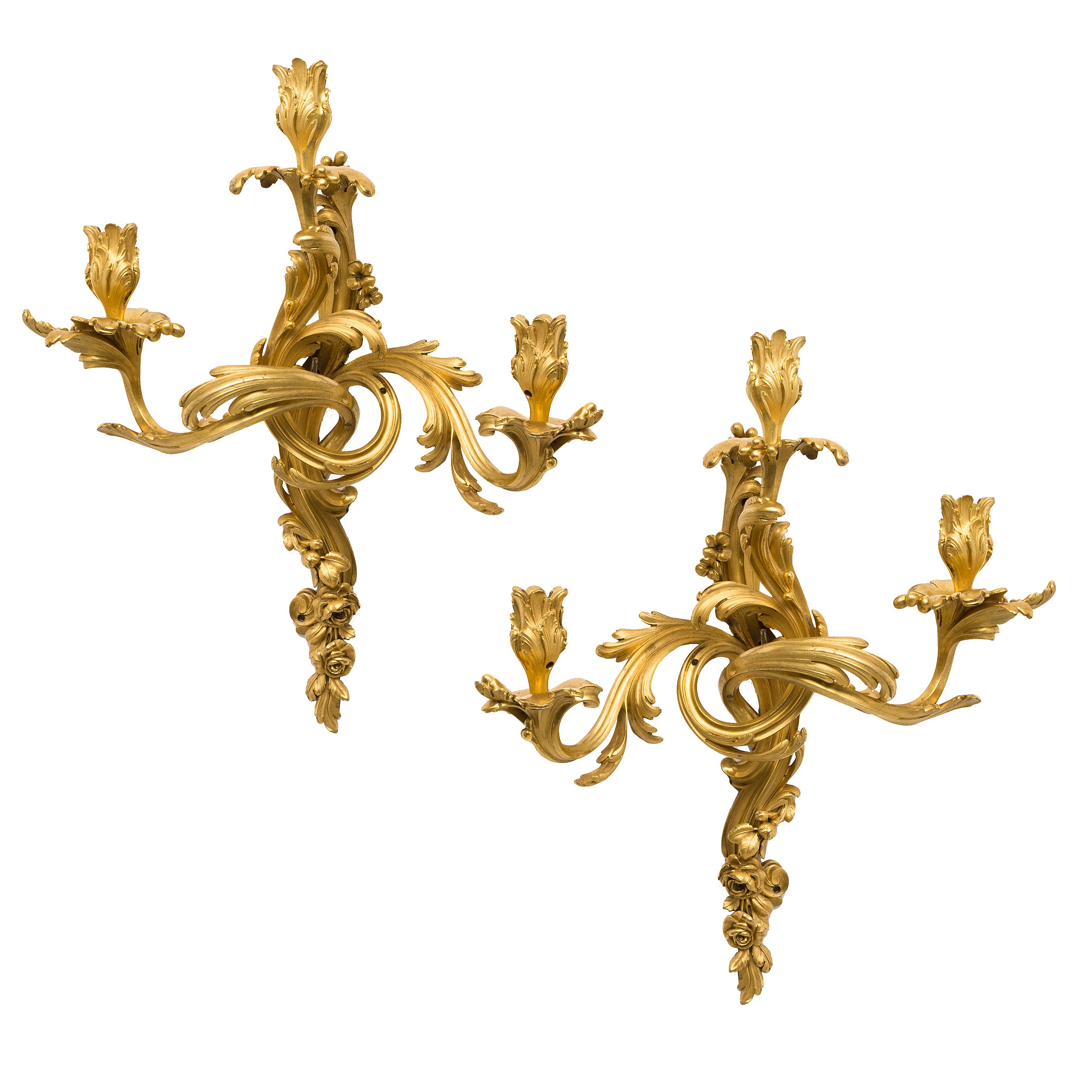 Pair Glamourous French Ormolu Rococo Wall Sconces c.1850