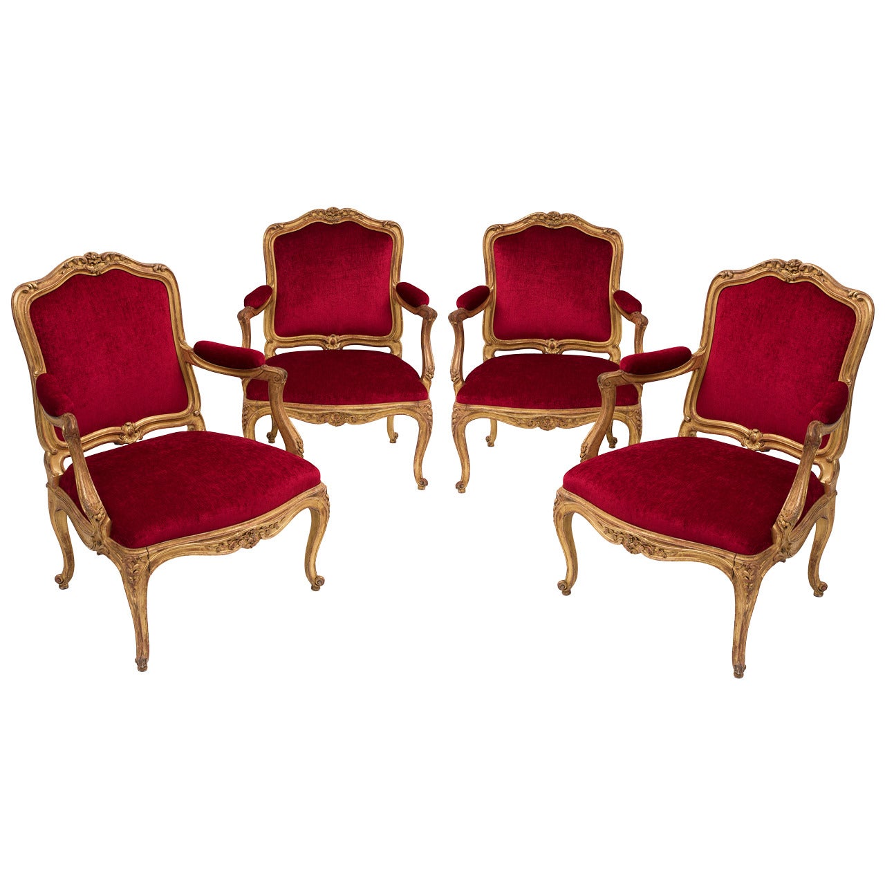 Set of Four Glamorous French Louis XV Style Carved Giltwood Armchairs