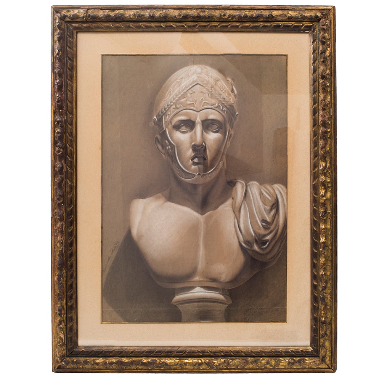 French “En Grisaille” Chalk and Charcoal Drawing of a Roman Soldier Bust