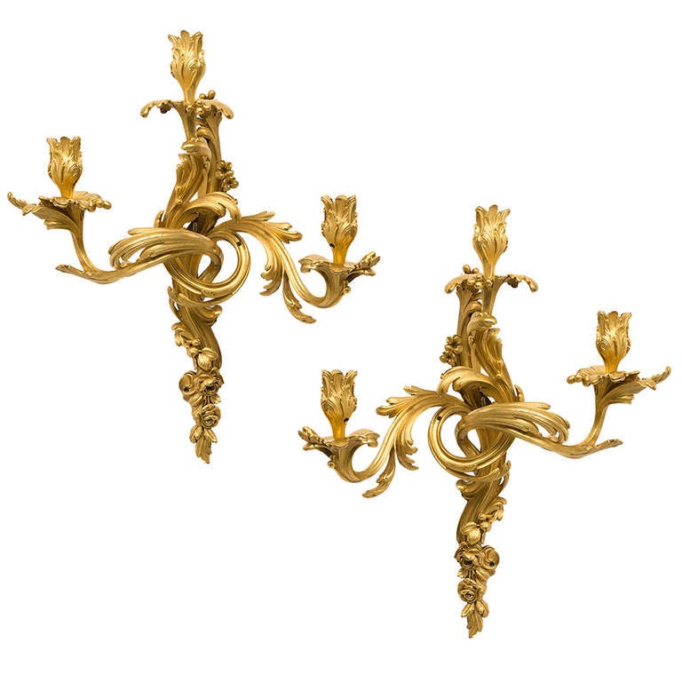 Pair Glamourous French Ormolu Rococo Wall Sconces c.1850 at 1stDibs