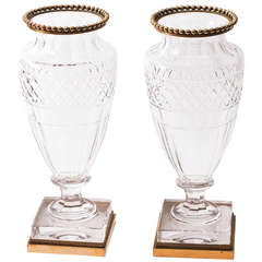 Pair French Neo-Classical Crystal Urns with Gilt Bronze Mounts c.1900