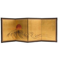 Japanese Four-Fold Screen with Painted Orange Moon on Gold Ground, circa 1880