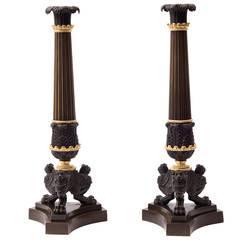 Pair of French Empire Bronze Triform Base Candlesticks, circa 1850