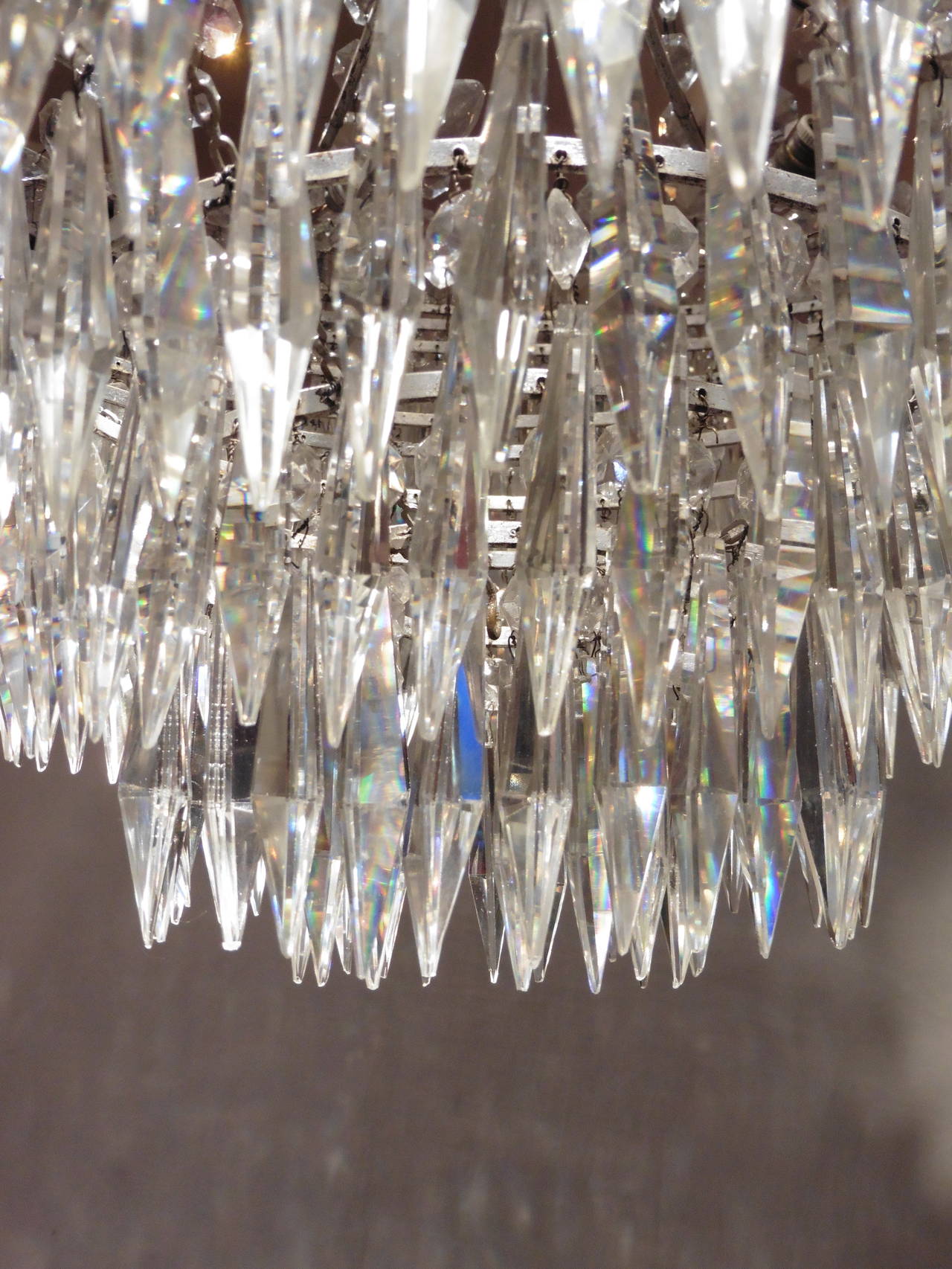 Early 20th Century Pair of Baltic Crystal and Silvered Bronze, Tent Form Chandeliers, circa 1900