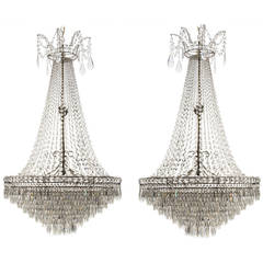 Pair of Baltic Crystal and Silvered Bronze, Tent Form Chandeliers, circa 1900