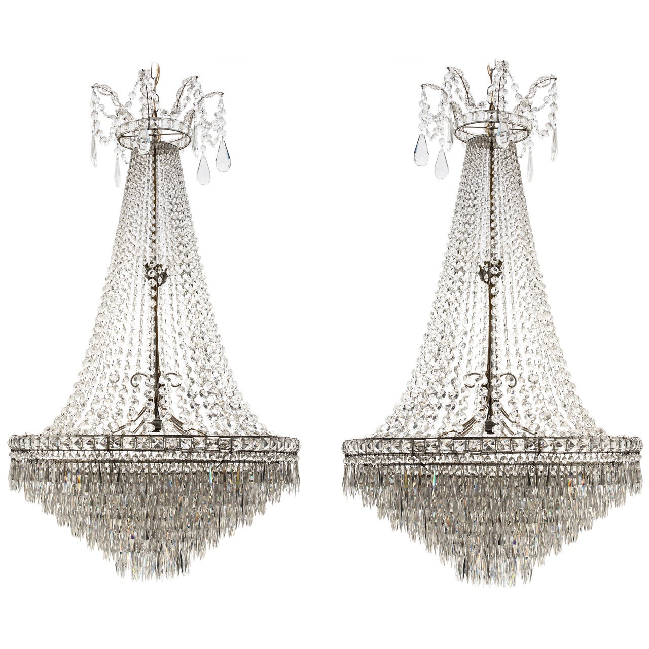 Pair of Baltic Crystal and Silvered Bronze, Tent Form Chandeliers, circa 1900