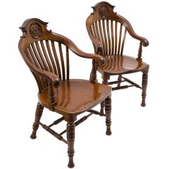 Antique Pair Victorian Mahogany Slat Back Windsor Style Armchairs
