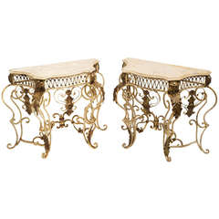 Pair of French Marble Topped Wrought Iron Parcel Gilt Console Tables, circa 1890