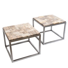 Pair Petrified Wood End Tables on Later Steel Bases