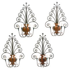 Set 4 French Large Iron 'Vase of Flowers' Shaped Wall Lights c.1960
