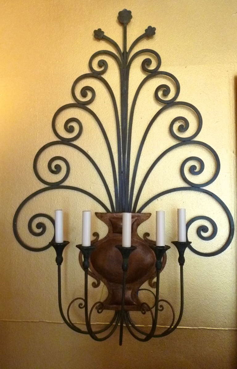 Set 4 French Large Iron 'Vase of Flowers' Shaped Wall Lights c.1960