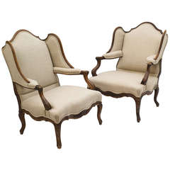 Pair of Large French Beech Louis XV Style Wing Chairs, Circa 1880