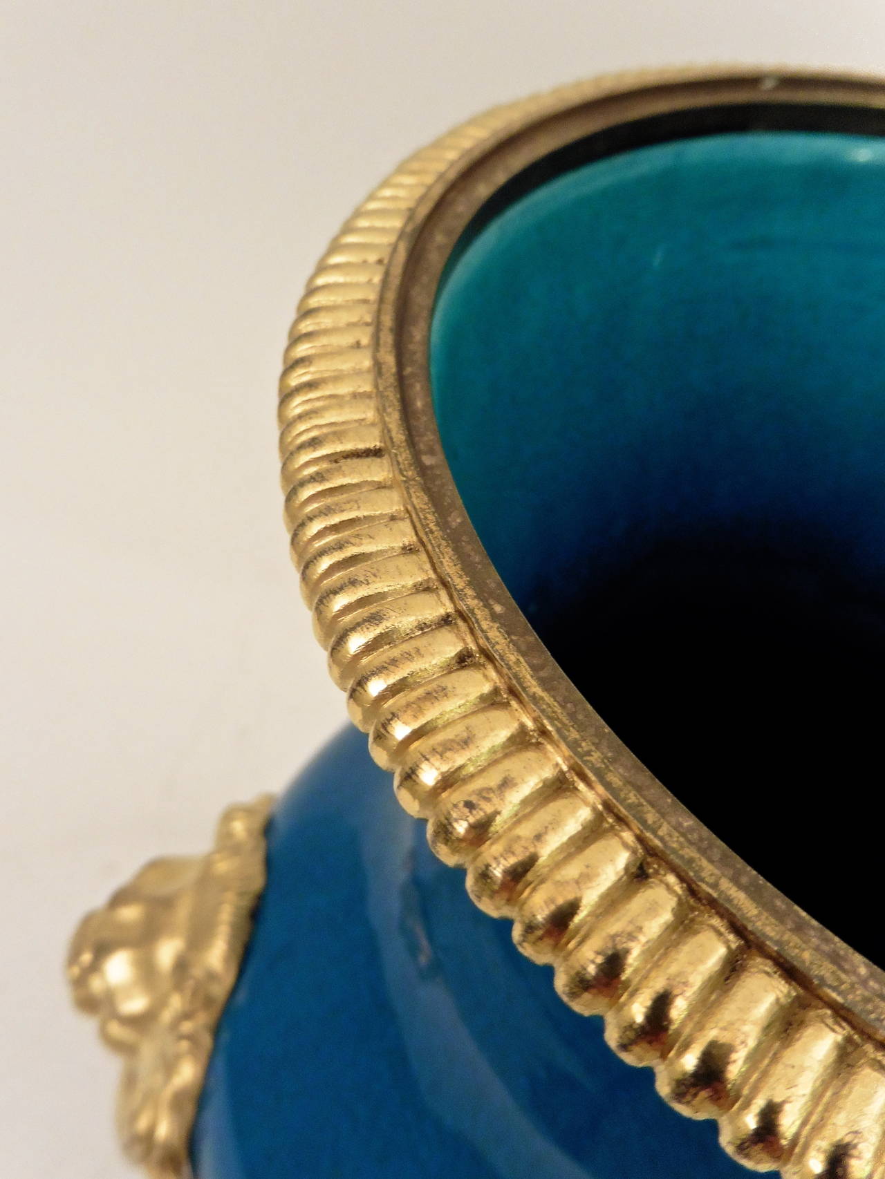 Pair of French Ormolu Mounted Turquoise Crackle Glaze Vases, circa 1910 2