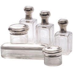 Antique Six Piece French Silver & Glass Mounted Perfume Set c.1910