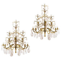 Pair of Large French Brass & Rock Crystal 9 Light Wall Sconces c.1900
