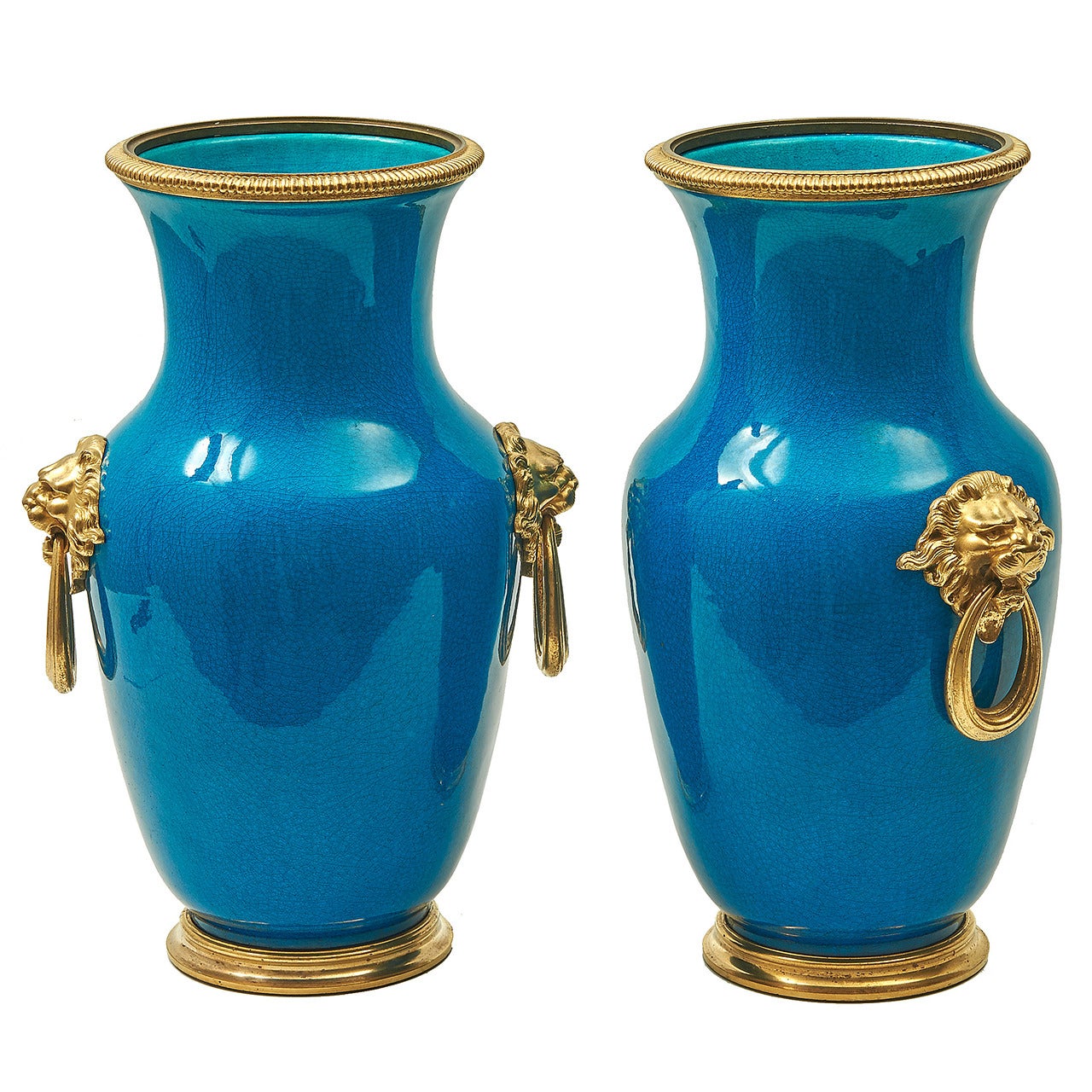 Pair of French Ormolu Mounted Turquoise Crackle Glaze Vases, circa 1910