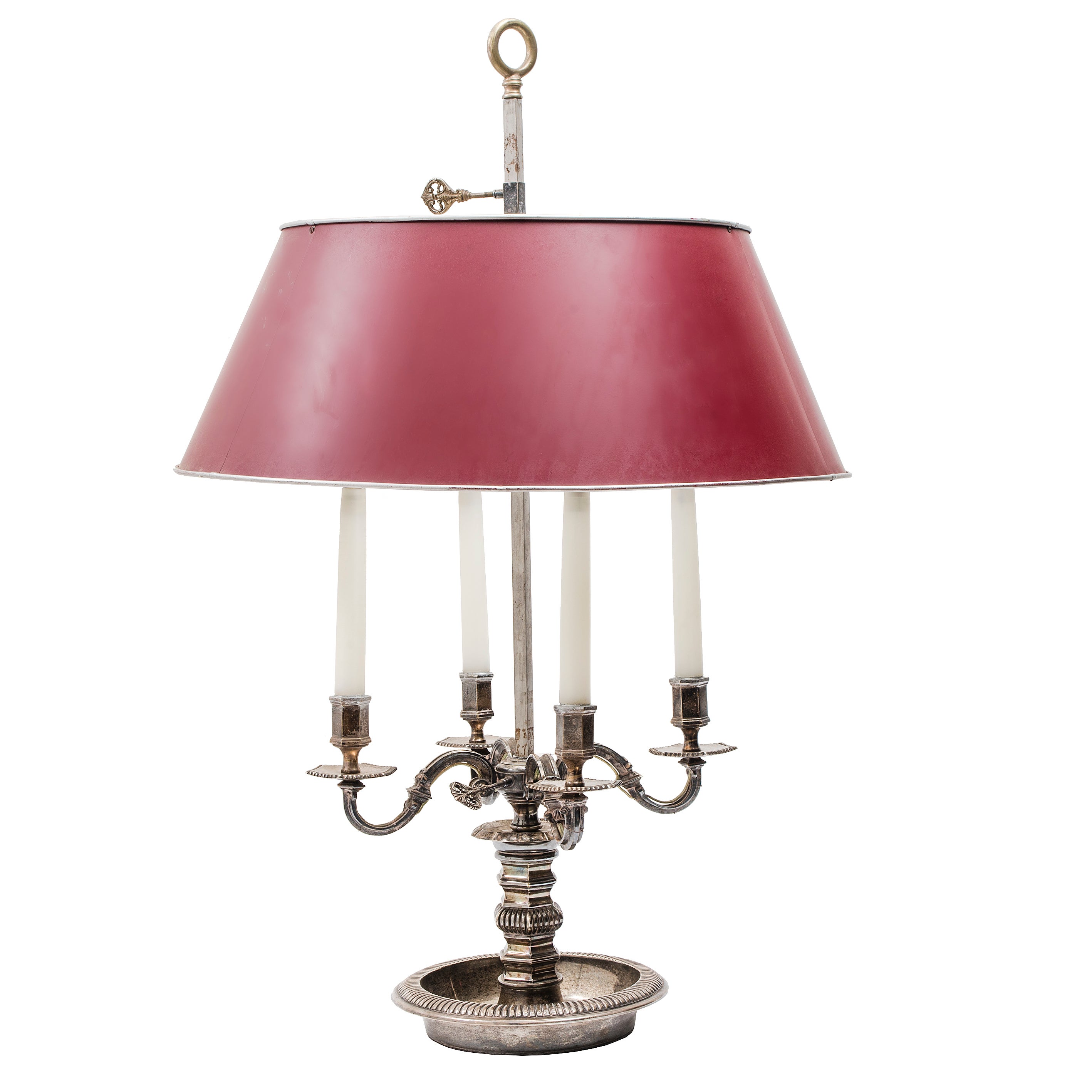 Large Napoleon III Silvered Bouillotte Lamp with Red Tole Shade c 1890.