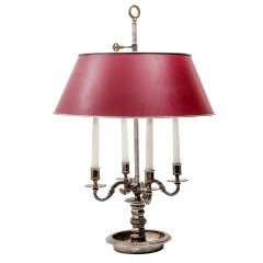 Large Napoleon III Silvered Bouillotte Lamp with Red Tole Shade c 1890.