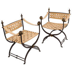 Pair of Spanish Iron and Brass X-Frame "Faldistorio" Folding Hall Chairs c.1900