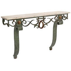 Iron and Travertine Console Table, circa 1935, Attributed to Raymond Subes
