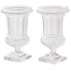Antique Pair of French Large Cut Crystal Campana Vases, circa 1900