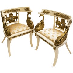 Pair of Painted and Giltwood Imperial Roman Style Tub Chairs, Naples, circa 1920