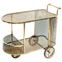 Antique French Brass Drinks Trolley with Quatrefoil Stamped Brass Panels c.1910