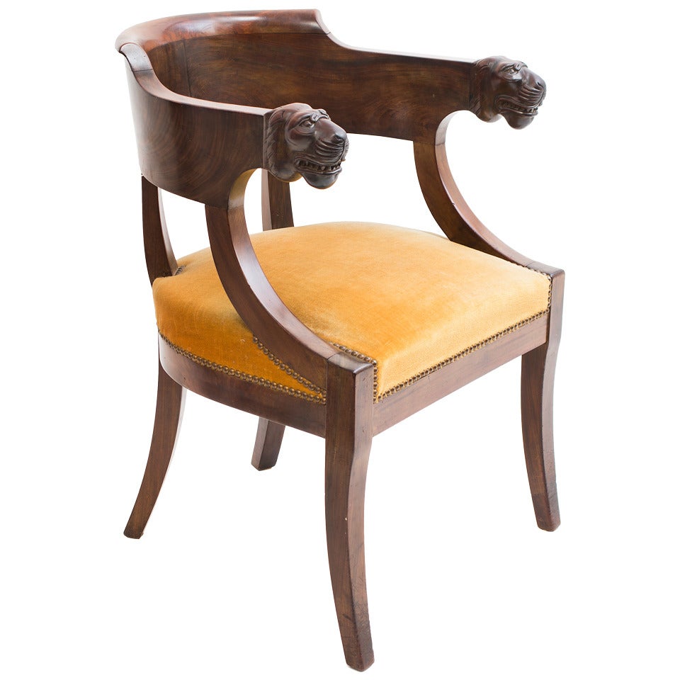 French Empire Mahogany Desk Chair with Lions Head Armrests c.1810