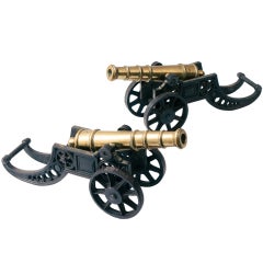 Pair Victorian Brass Ornamental Cannons on Cast Iron Carriages c.1880