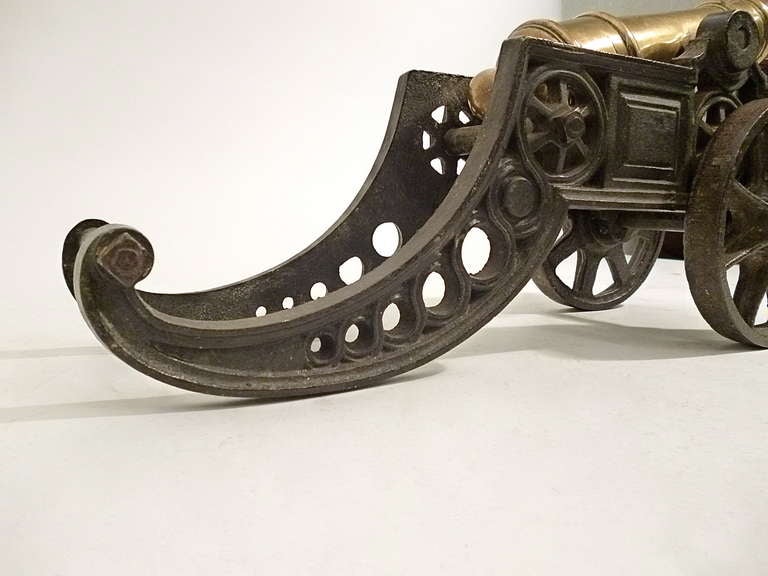 Pair Victorian Brass Ornamental Cannons on Cast Iron Carriages c.1880 1