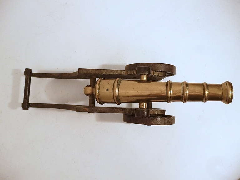 19th Century Pair Victorian Brass Ornamental Cannons on Cast Iron Carriages c.1880