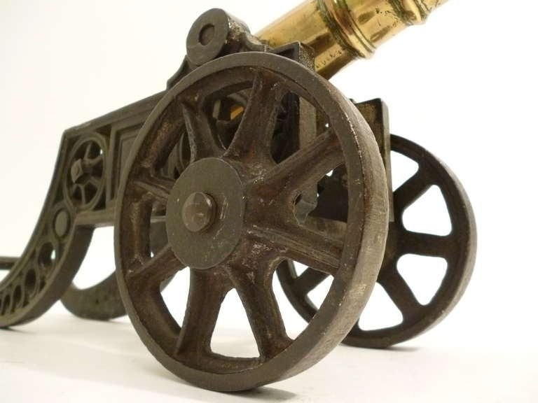 British Pair Victorian Brass Ornamental Cannons on Cast Iron Carriages c.1880