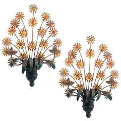 Pair of French Provincial Painted Tole Floral Wall Sconces, circa 1950