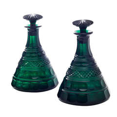 Antique Pair of English Cut Green Glass Ships Decanters, circa 1900