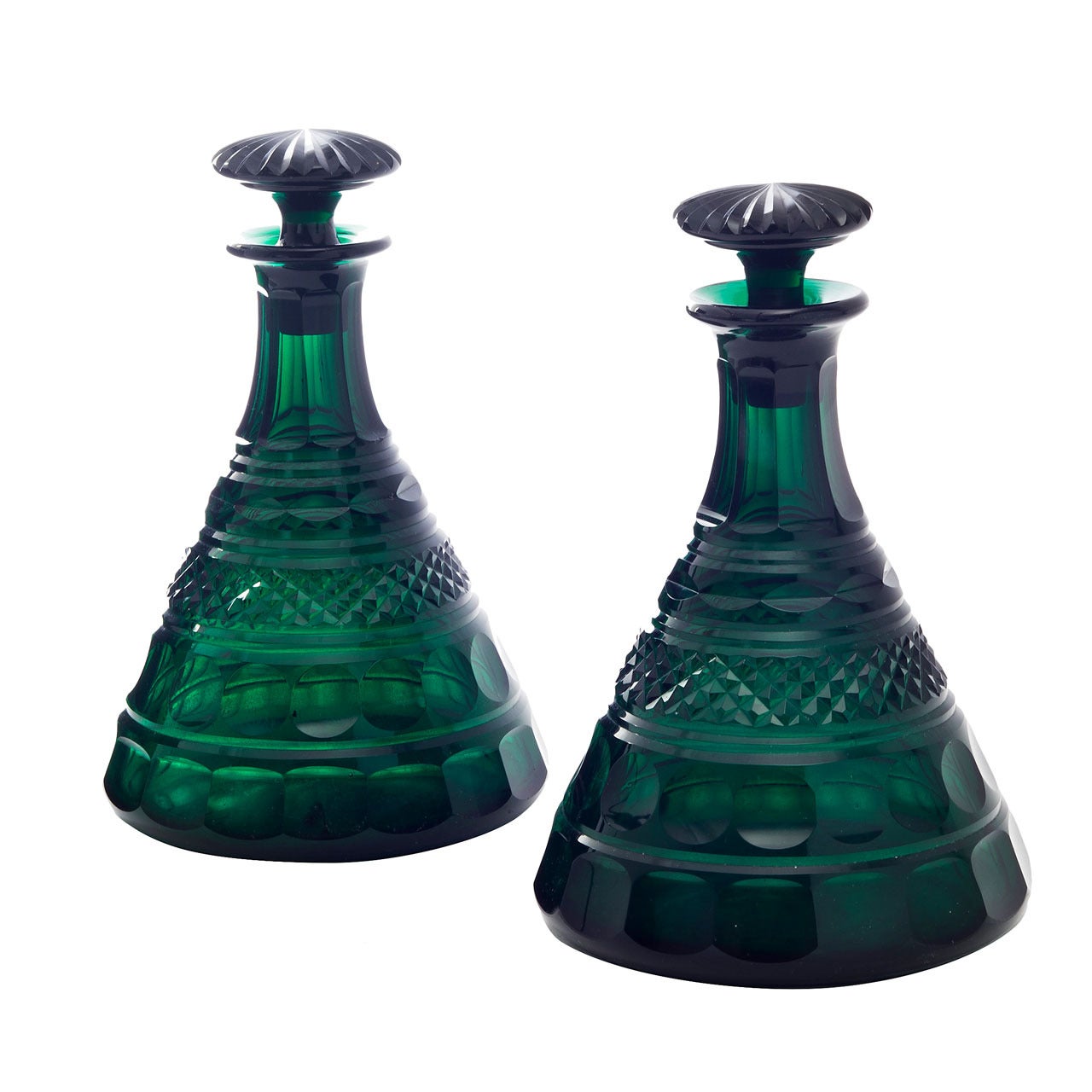 Pair of English Cut Green Glass Ships Decanters, circa 1900