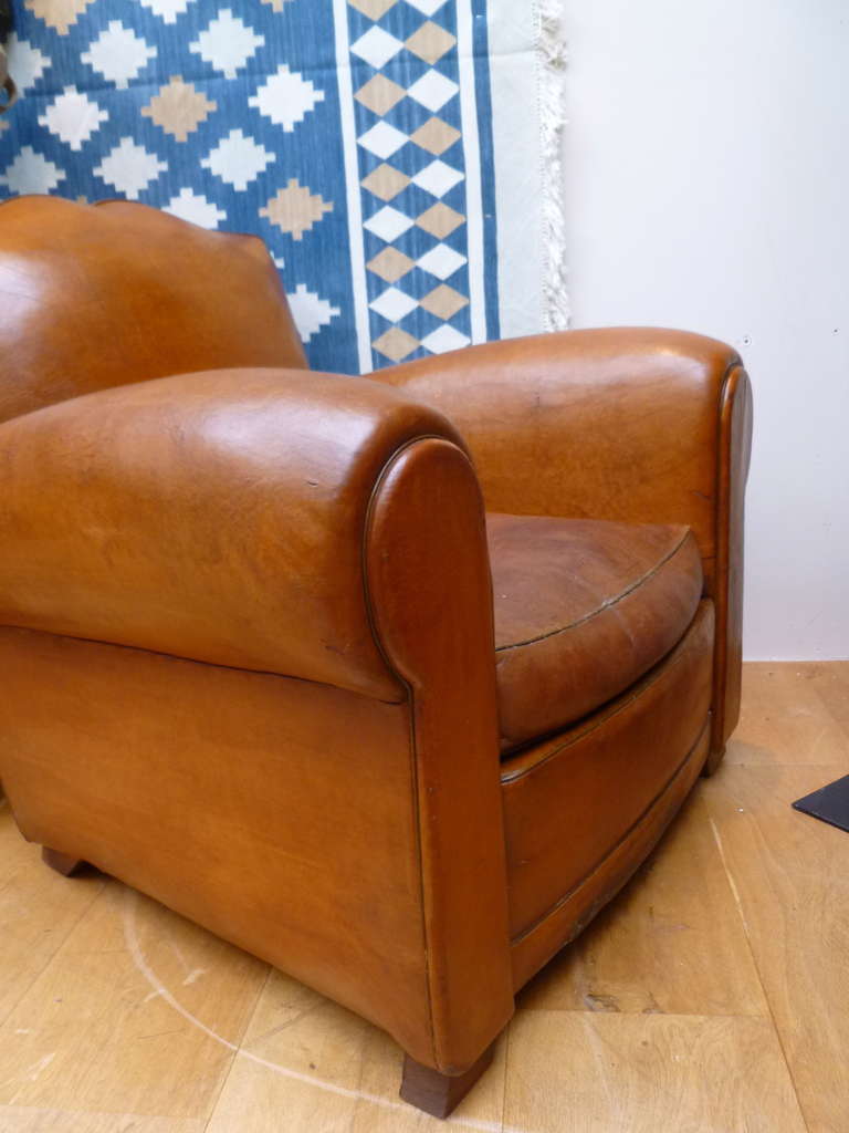 Pair of French Tan Leather Club Armchairs with Moustache Backs c.1930 1
