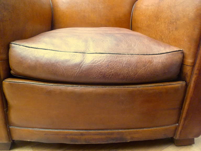 Pair of French Tan Leather Club Armchairs with Moustache Backs c.1930 In Good Condition In London, GB