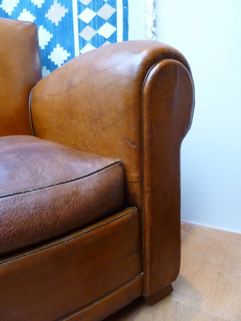 Mid-20th Century Pair of French Tan Leather Club Armchairs with Moustache Backs c.1930