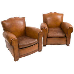 Pair of French Tan Leather Club Armchairs with Moustache Backs c.1930