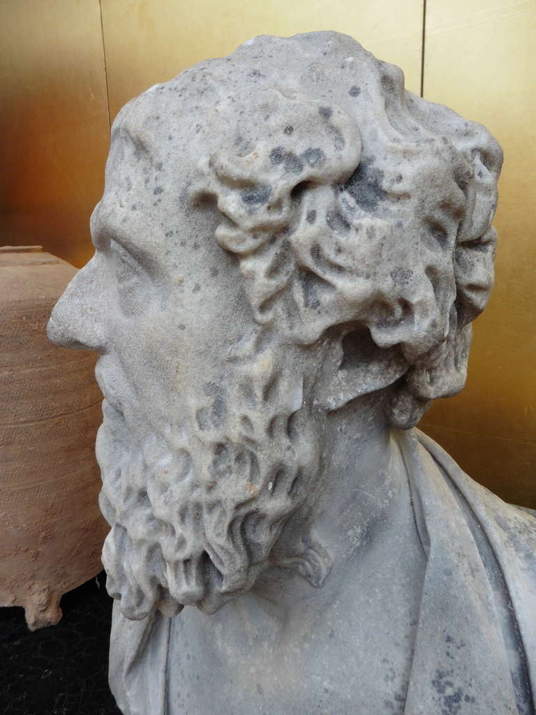 An impressive English early 19th century carved marble bust, engraved Euripidies.
Euripides (c. 480 – 406 BCE) was one of the three great tragedians of classical Athens, the other two being Aeschylus and Sophocles.