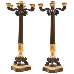 Pair of French Louis Philippe Bronze and Ormolu Triform Base Candelabras