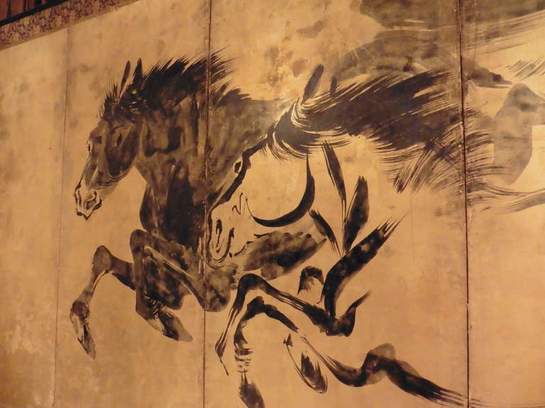 Wood Wall-Mounted 19th Century Japanese Paper Screen with Painted Galloping Horses