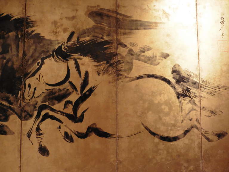 Wall-Mounted 19th Century Japanese Paper Screen with Painted Galloping Horses 2