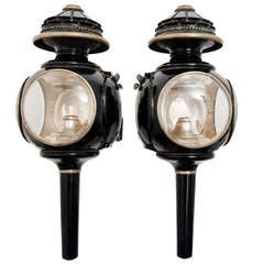 Antique Pair Victorian Black Tole & Silvered Ovoid Carriage Lamps c.1850