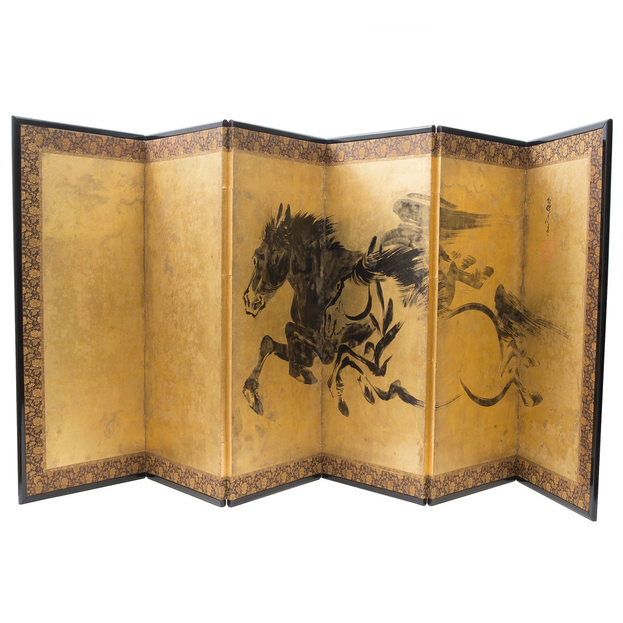 Wall-Mounted 19th Century Japanese Paper Screen with Painted Galloping Horses