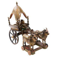 19th Century Indian Carved and Painted Toy Cows and Cart
