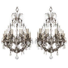Pair Italian Silvered Tole 
Glass 16 Light Chandeliers c.1820