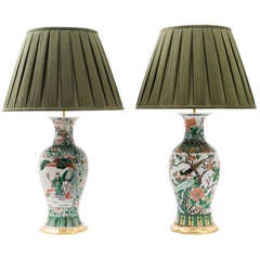 Pair 19th Century Chinese Famille Vert Vases Coverted To Lamps