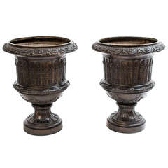 Pair of Elegant Bronze Neoclassical Garden Urns, circa 1930